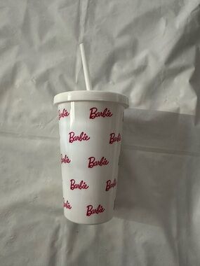 Barbie White Tumbler with Pink Logo Pattern and Straw